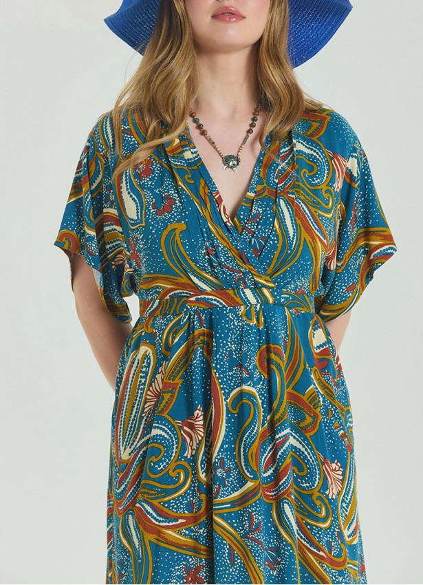 V Neck Gathered Detailed Petrol Floral Plus Size Dress 4604
